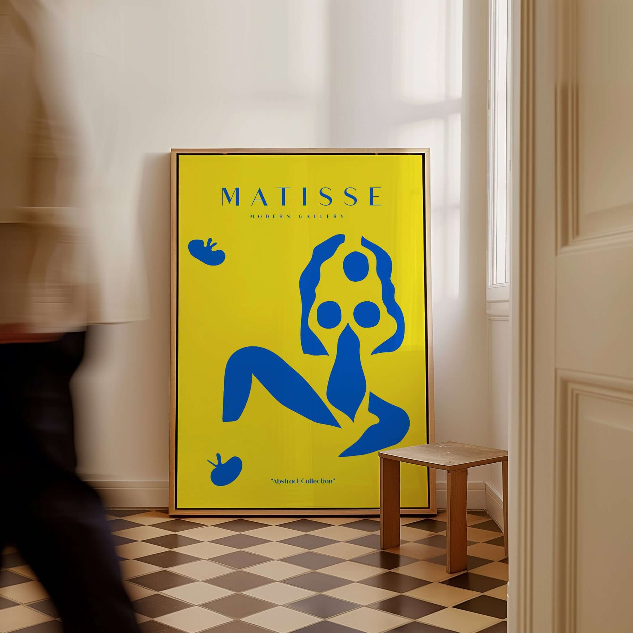 Matisse Art Prints - Blue Nude Abstract Figure Yellow Poster displayed in a stylish interior setting.