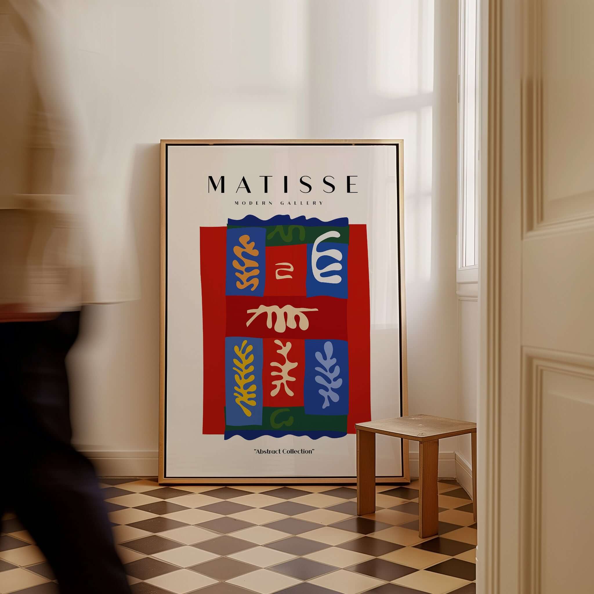 Matisse Art Prints - Patchwork Shapes Composition Poster displayed in a modern interior with a checkered floor.