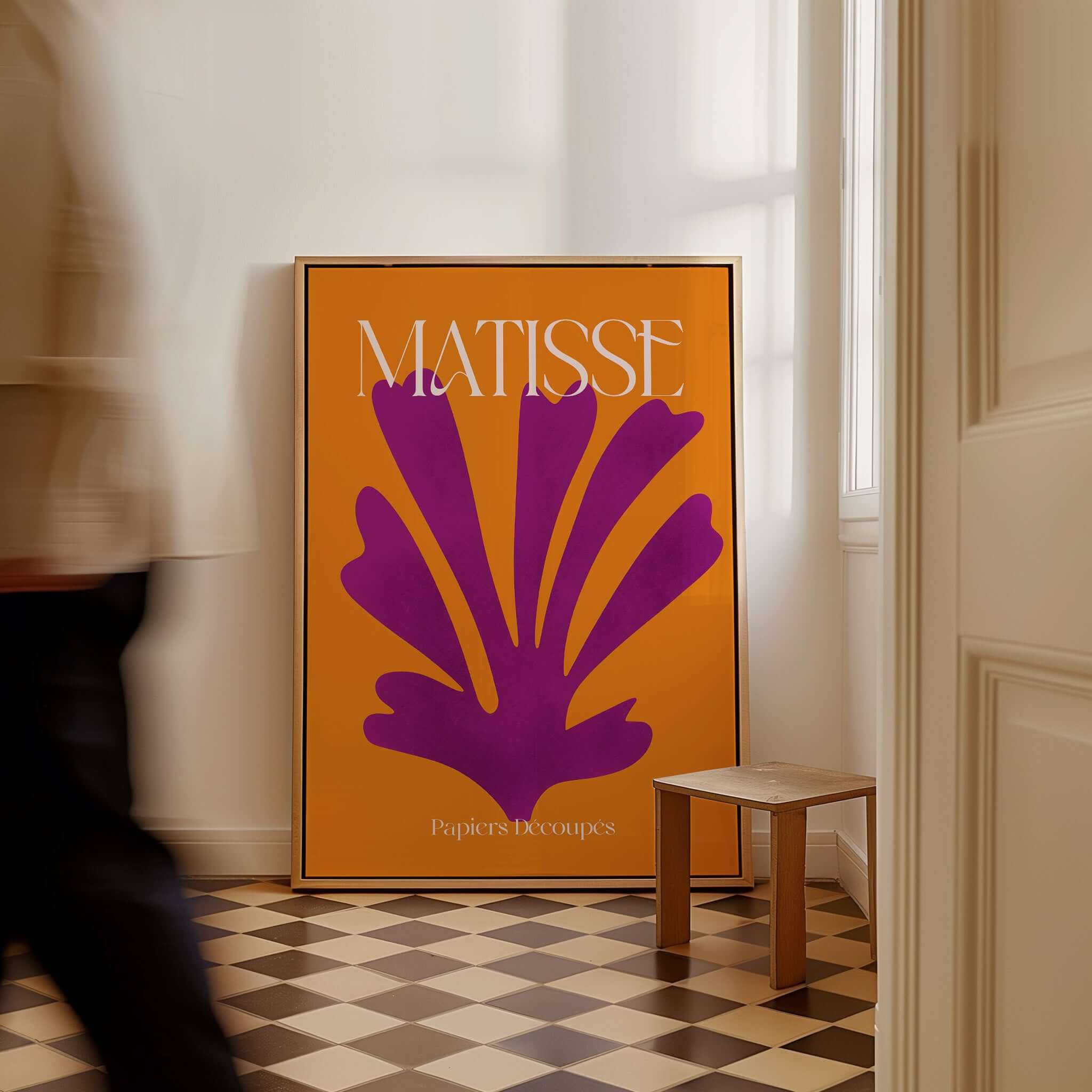 Matisse Papiers Découpés Purple Cut Out on Orange Background Abstract Art Print featuring bold shapes and vibrant colors.