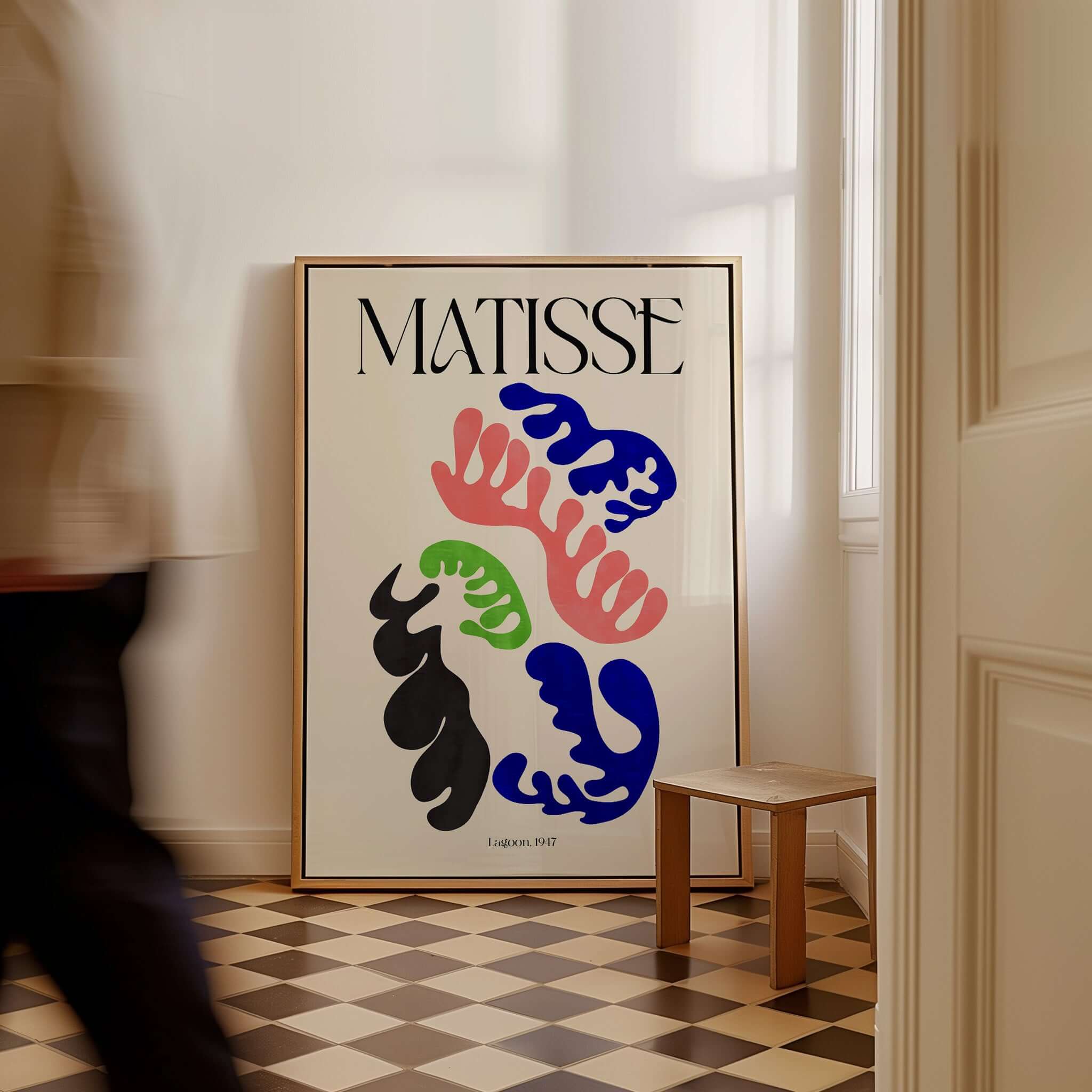 Matisse Art Print Lagoon 1947 Abstract Organic Shapes Wall Art Print on display with vibrant colors and cut-out shapes.