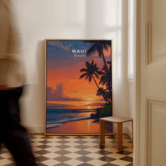 Maui Hawaii Wall Art Print | Tropical Beach Sunset Travel Poster displayed in a stylish interior setting.