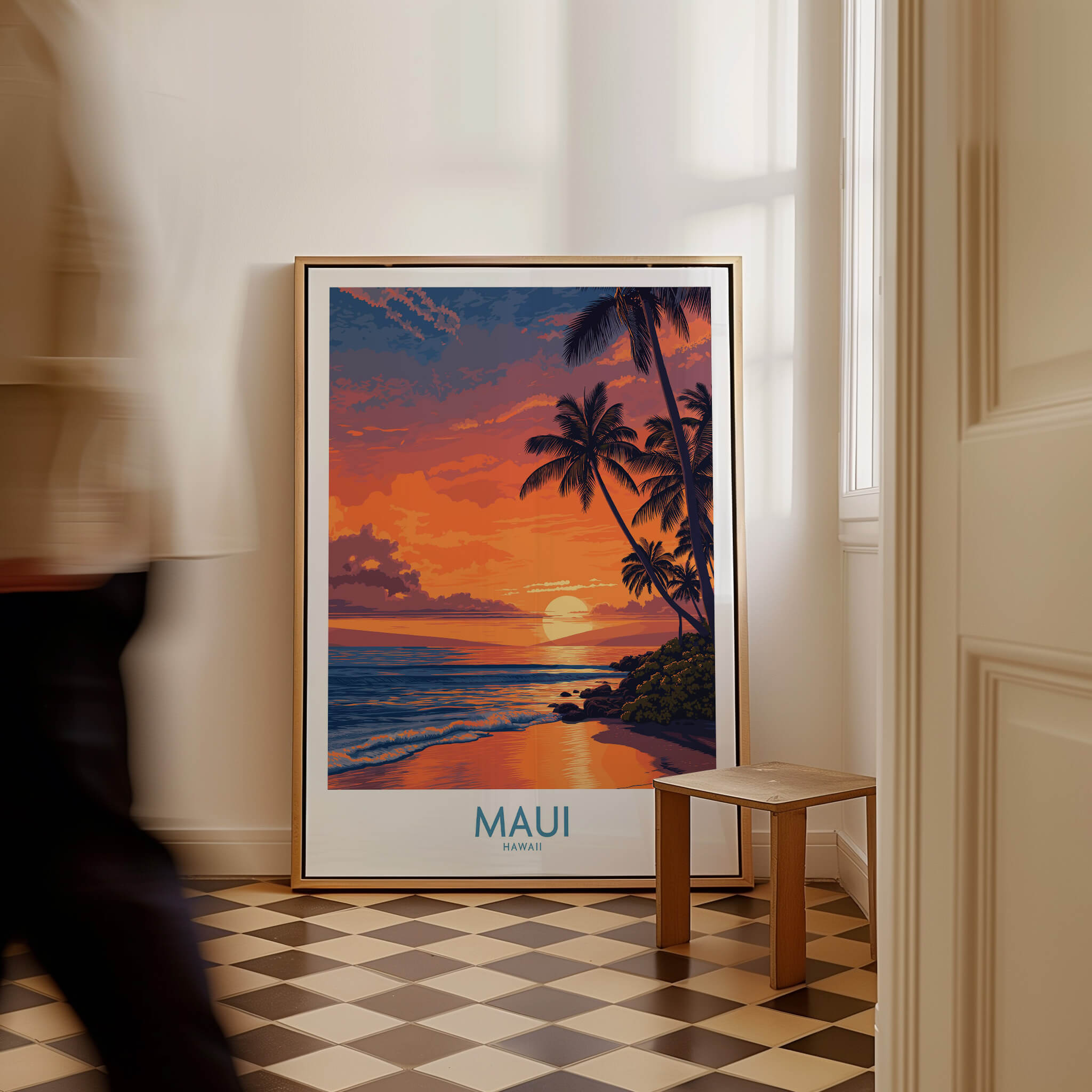 Maui Hawaii Canvas Print | Serene Tropical Beach Landscape Poster displayed in a stylish interior with sunset colors.