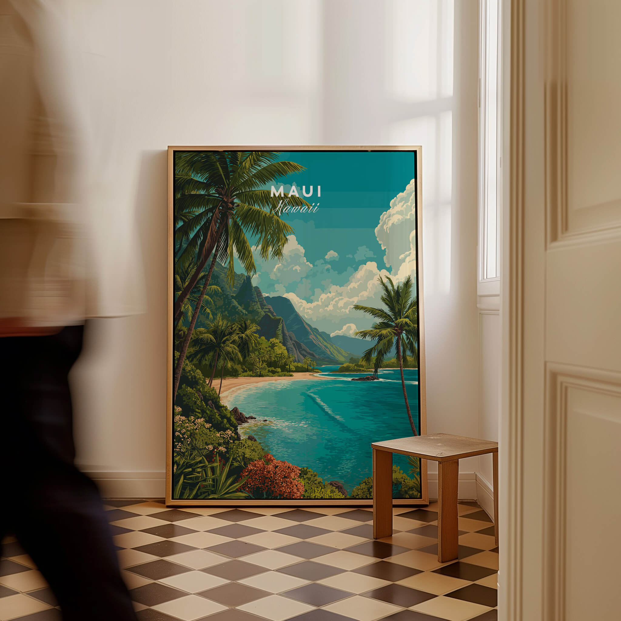 Maui Hawaii Wall Art Print | Lush Tropical Mountain Coast Travel Poster displayed in a stylish room setting.