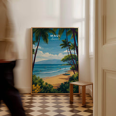 Maui Hawaii Travel Poster | Sunny Surfing Beach Wall Art Print displayed in a room with a person walking by.