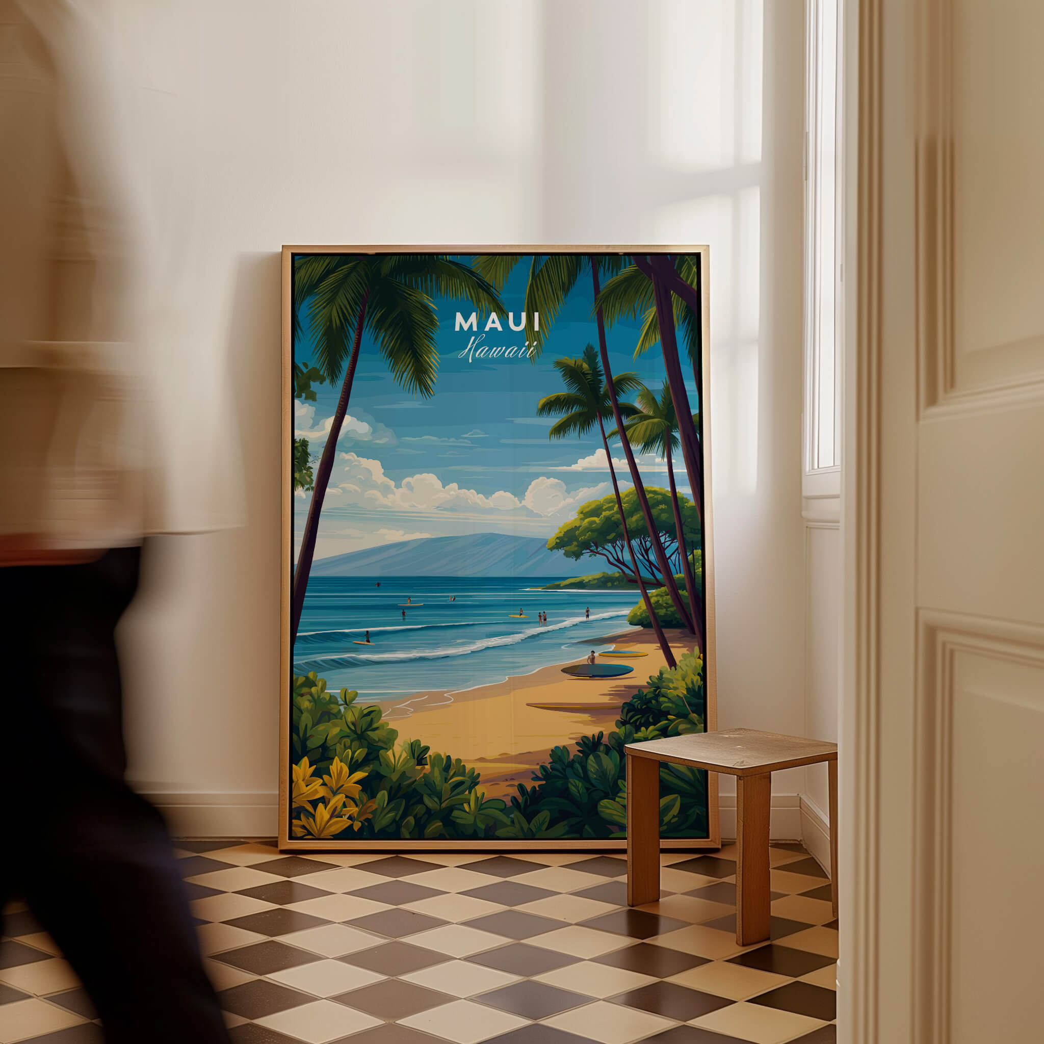 Maui Hawaii Travel Poster | Sunny Surfing Beach Wall Art Print displayed in a room with a person walking by.