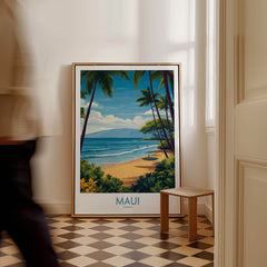 Maui Canvas Print | Hawaii Tropical Palm Trees & Waves Poster displayed in a room with a checkerboard floor.