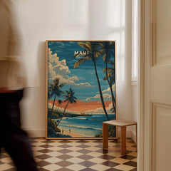 Maui Wall Art Print | Hawaii Evening Coastal Landscape Travel Poster displayed in a modern interior setting.