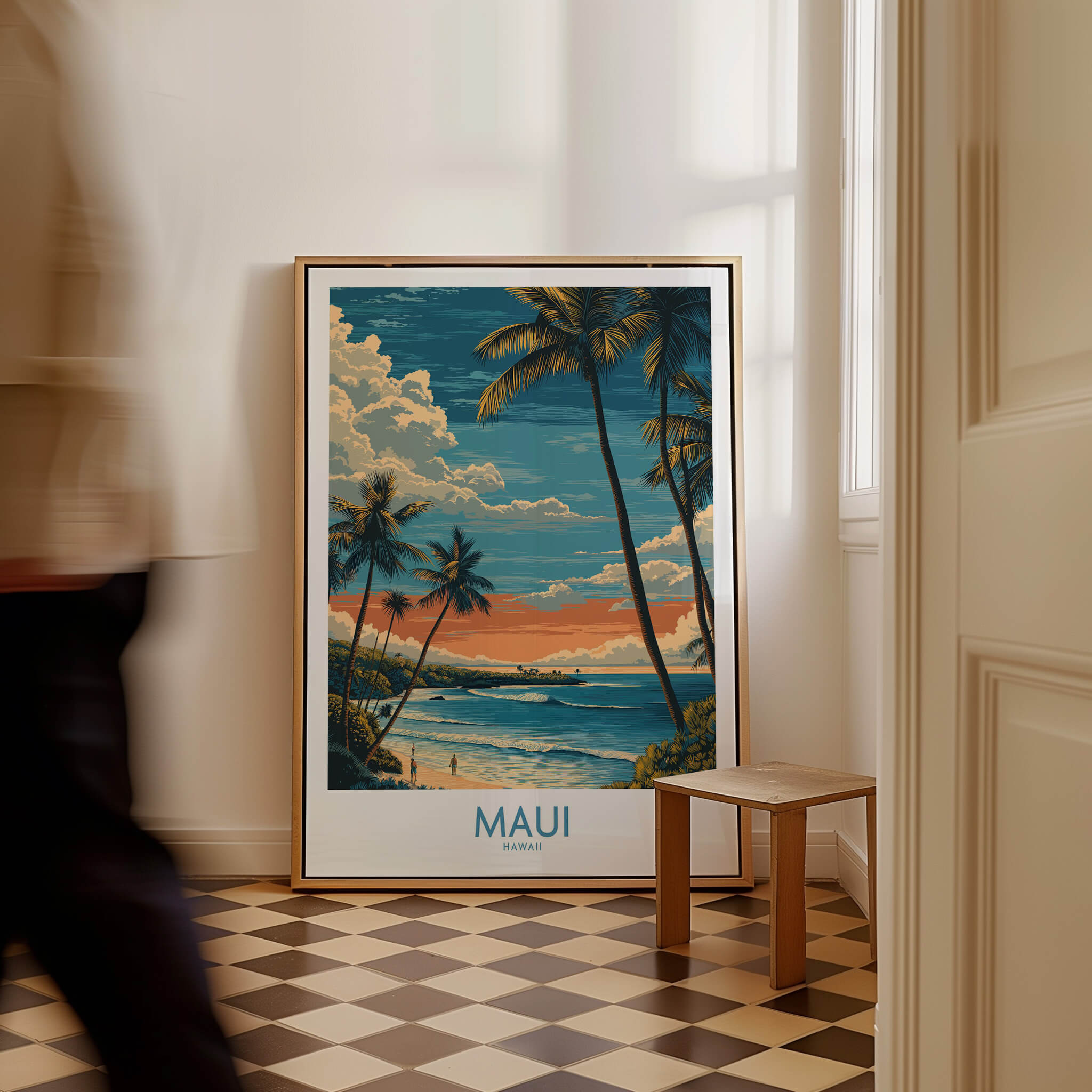 Maui Hawaii Poster | Tropical Twilight Shoreline Canvas Print displayed in a stylish room with a checkered floor.