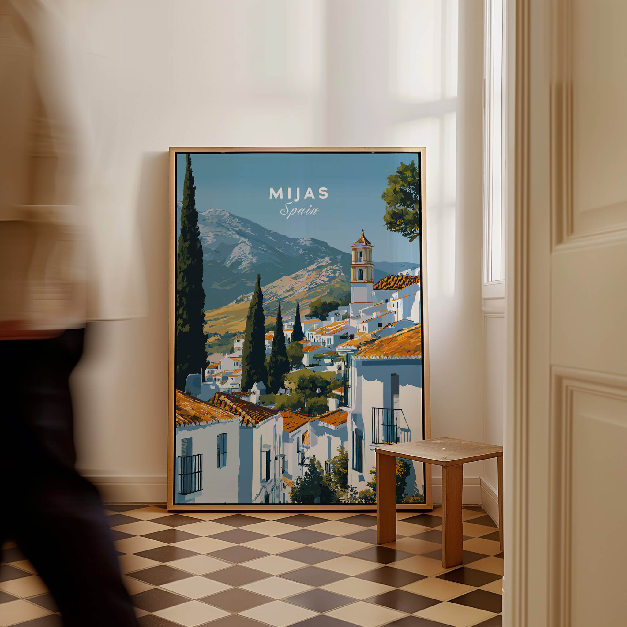 Mijas Spain Wall Art Print | Andalusian White Village Travel Poster displayed in a stylish indoor setting.