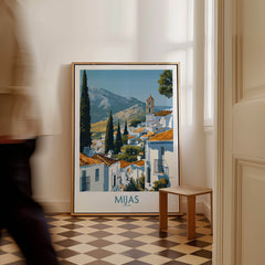 Mijas Spain Poster | Scenic Mountain Town Landscape Canvas Print displayed in a stylish interior setting.