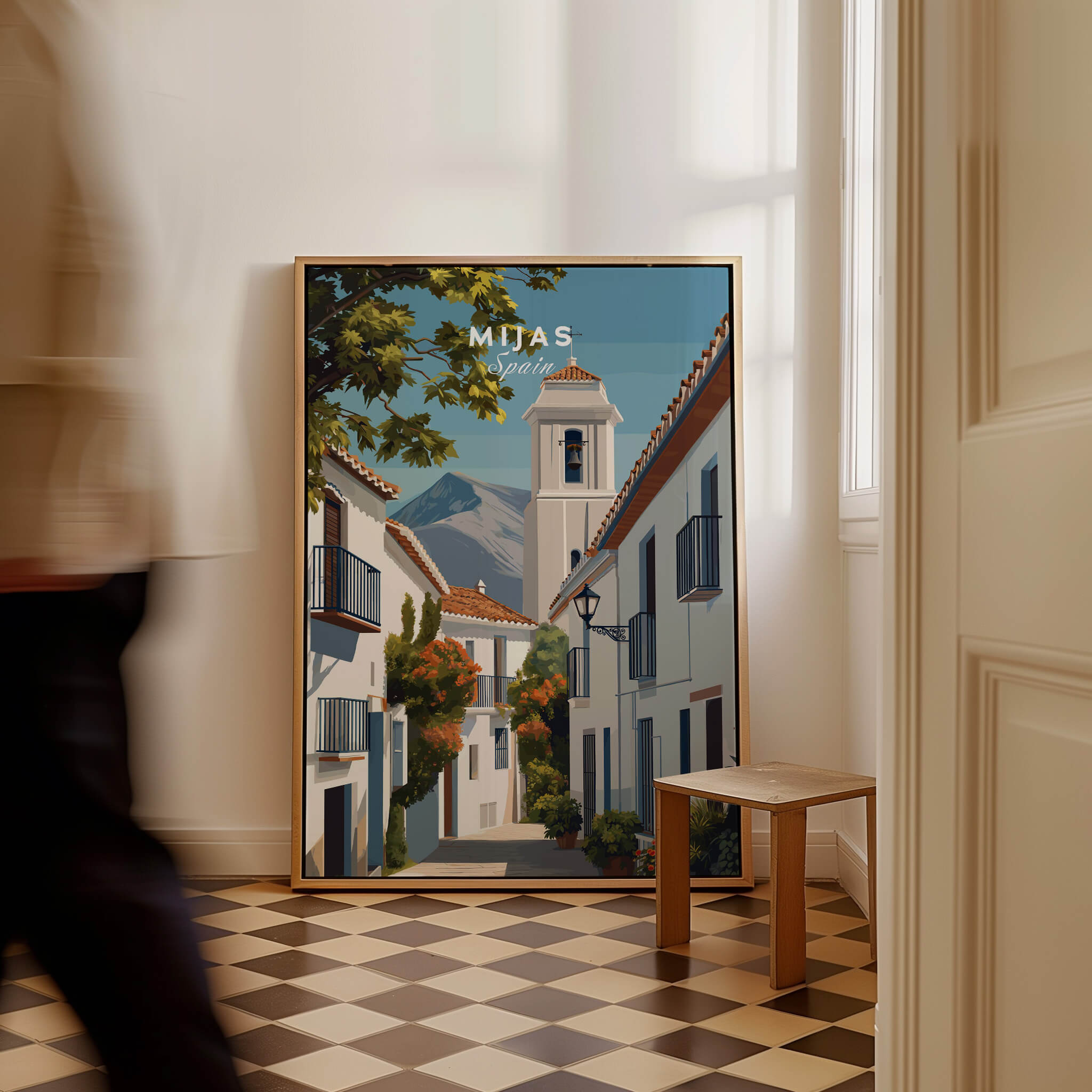 Mijas Spain Travel Poster | Traditional White Street Wall Art Print featuring cobblestone streets and white-washed buildings.