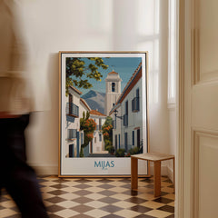 Mijas Spain Canvas Print | Historic Spanish Village Scene Poster displayed in a stylish interior setting.