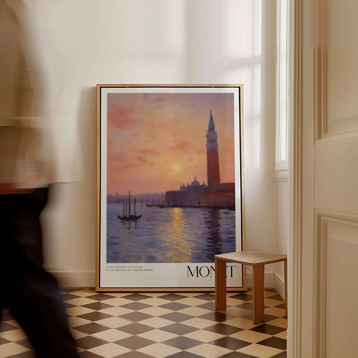 Monet Venice wall art depicting a sunset over Venetian architecture and canals, showcasing warm colors and tranquil reflections.