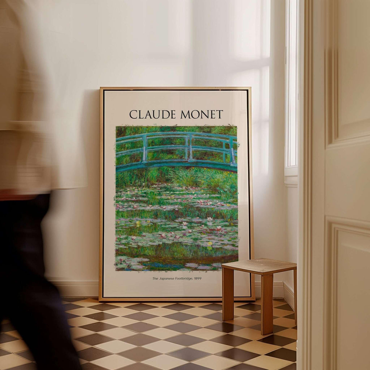 Monet Japanese Footbridge Water Lilies Giverny Garden Poster Art Print displayed in a stylish interior setting.