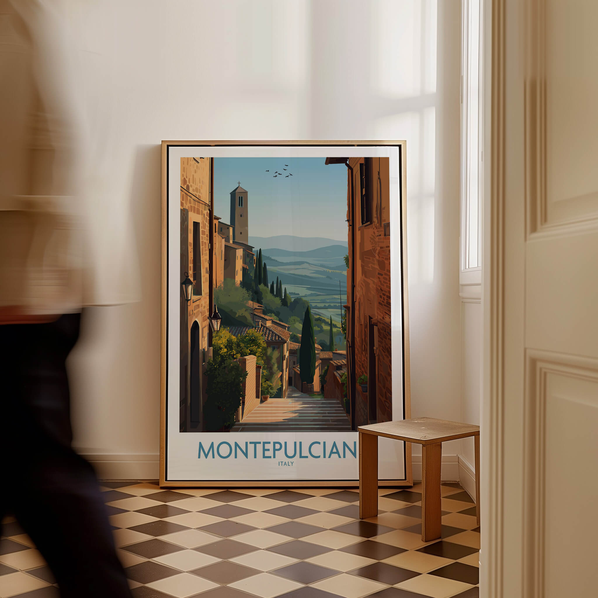 Montepulciano Italy Poster | Tuscany Landscape Vineyard Canvas Print displayed in a stylish interior setting.