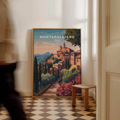 Montepulciano Italy Travel Poster | Tuscan Sunset Wall Art Print showcasing the enchanting hillside town.