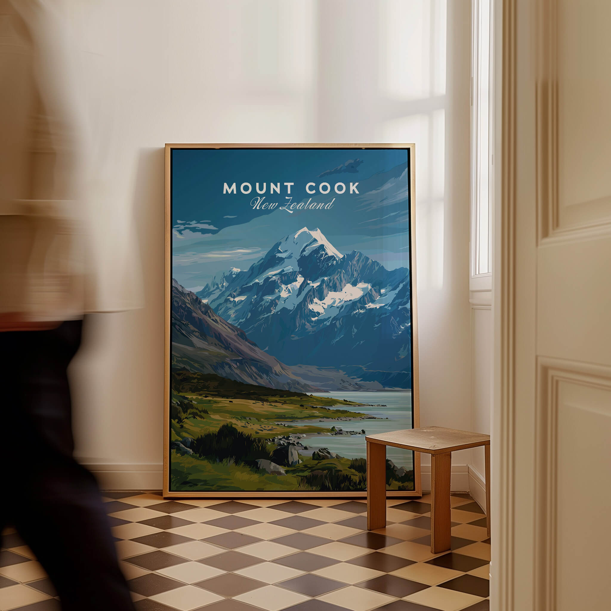 Mount Cook New Zealand Wall Art Print | Aoraki National Park Travel Poster displayed indoors with a cozy decor setting.