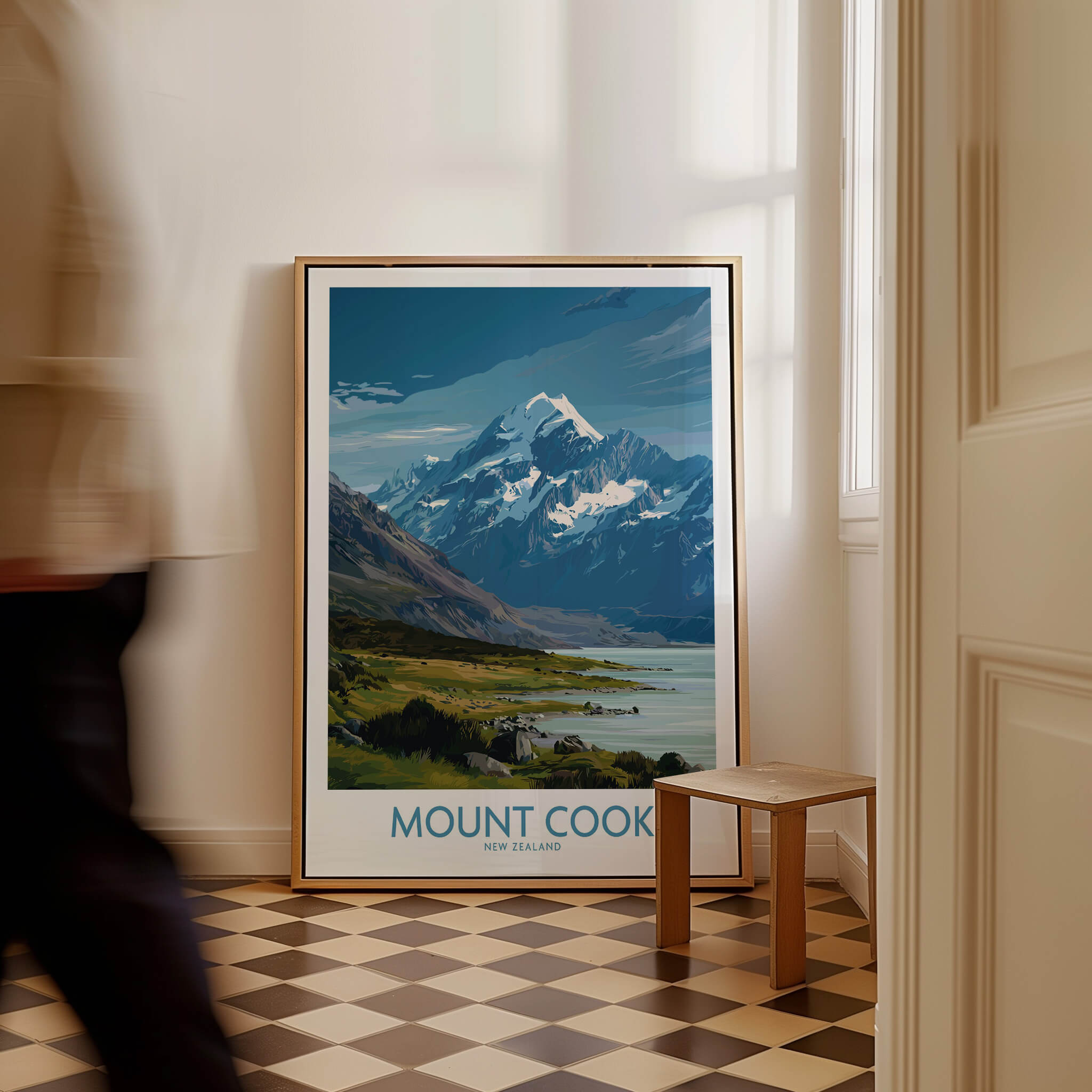 Mount Cook New Zealand Poster | Southern Alps Mountain Canvas Print displayed in an interior setting.