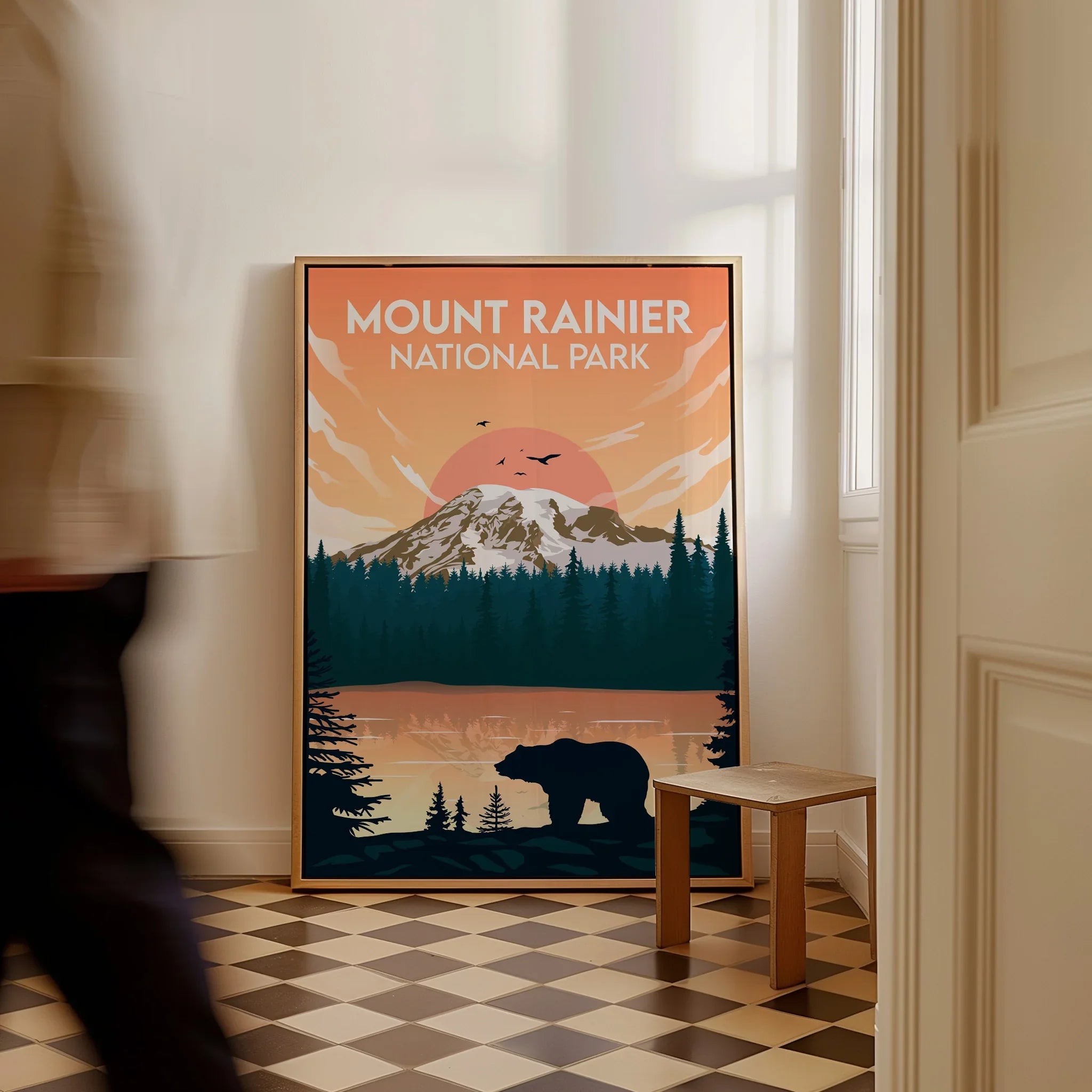 Framed Mount Rainier National Park travel poster with bear, mountain, and forest in hallway
