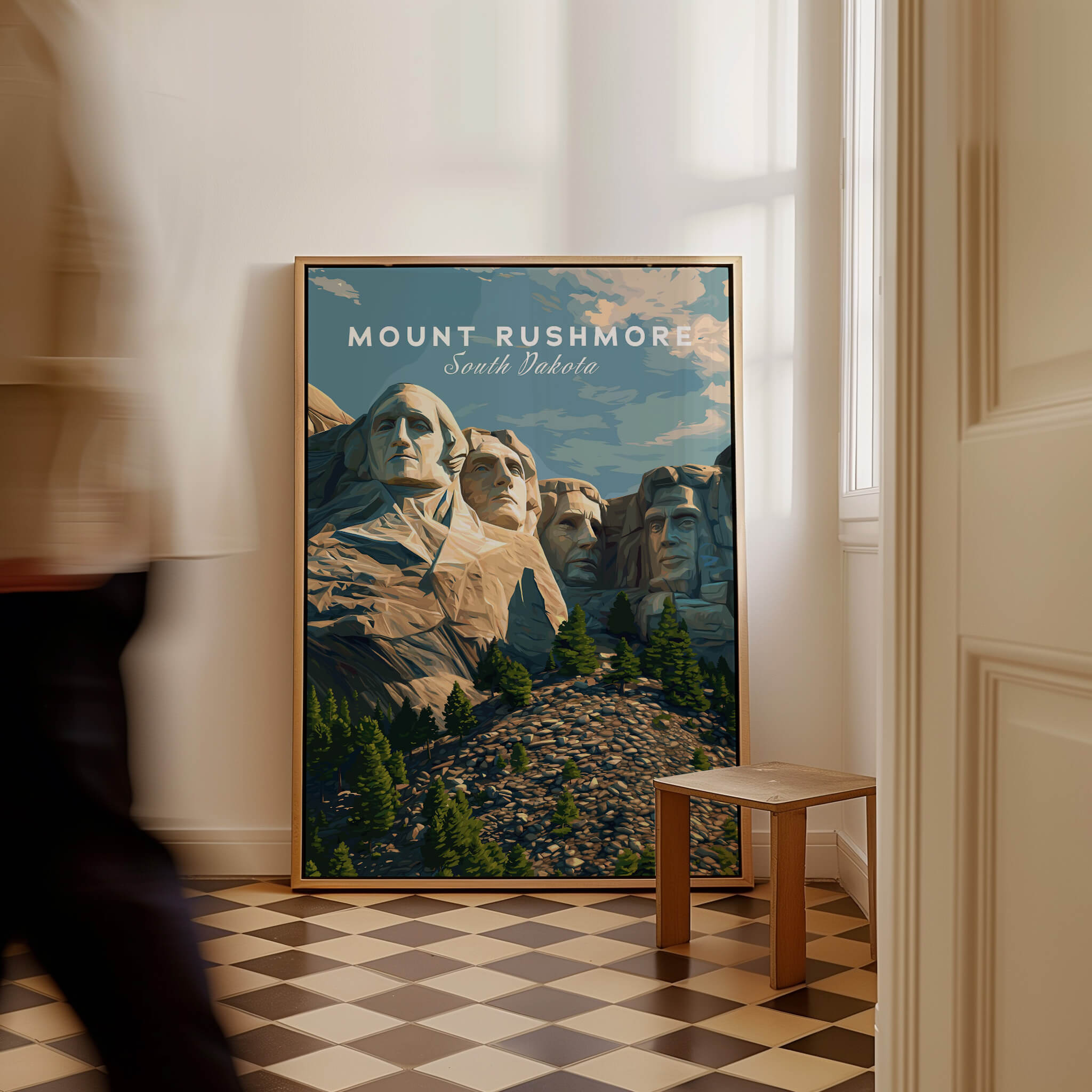 Mount Rushmore Wall Art Print | American Landmark Travel Poster featuring the iconic monument in a stylish interior setting.