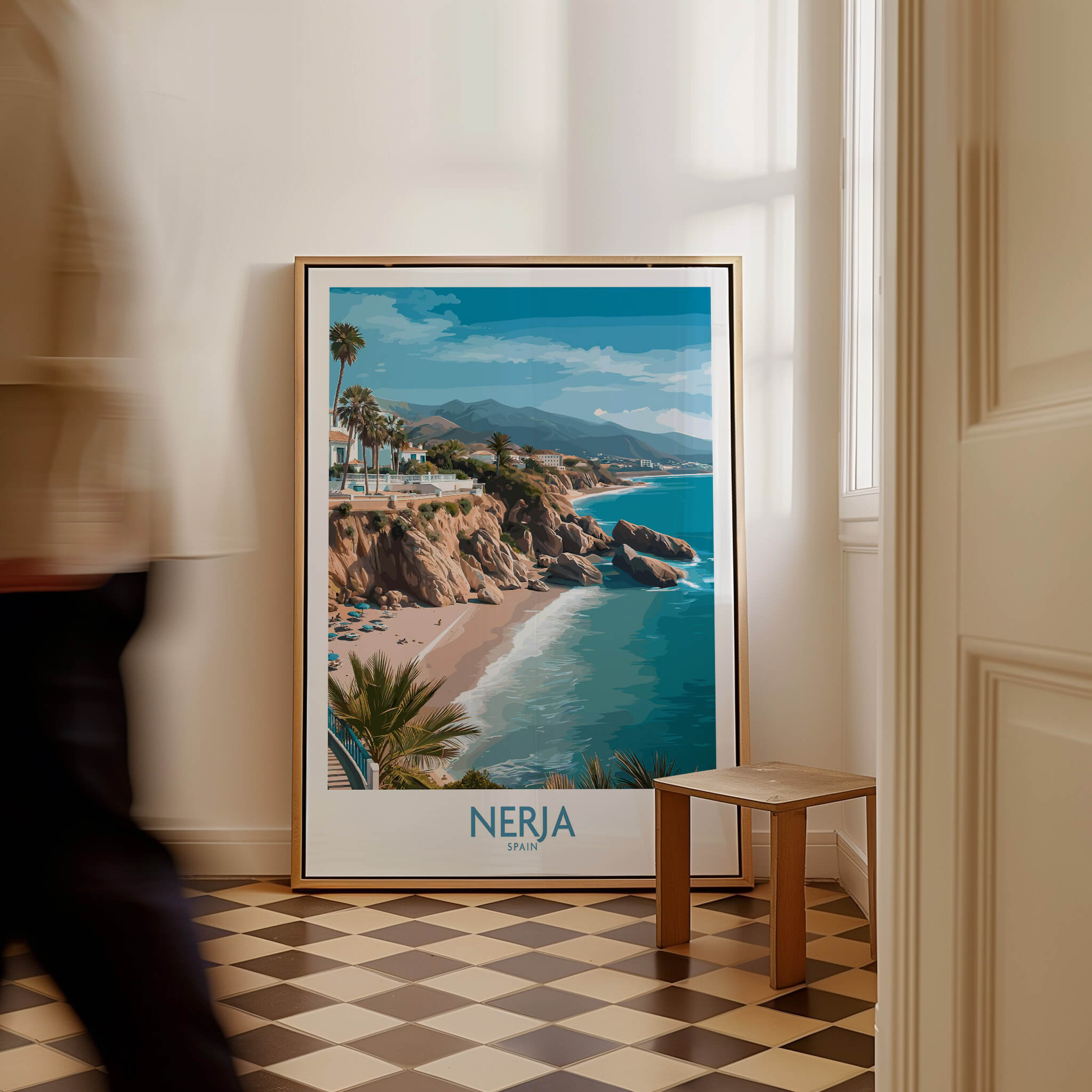 Nerja Spain Poster | Mediterranean Beach Landscape Canvas Print displayed in a stylish interior setting.