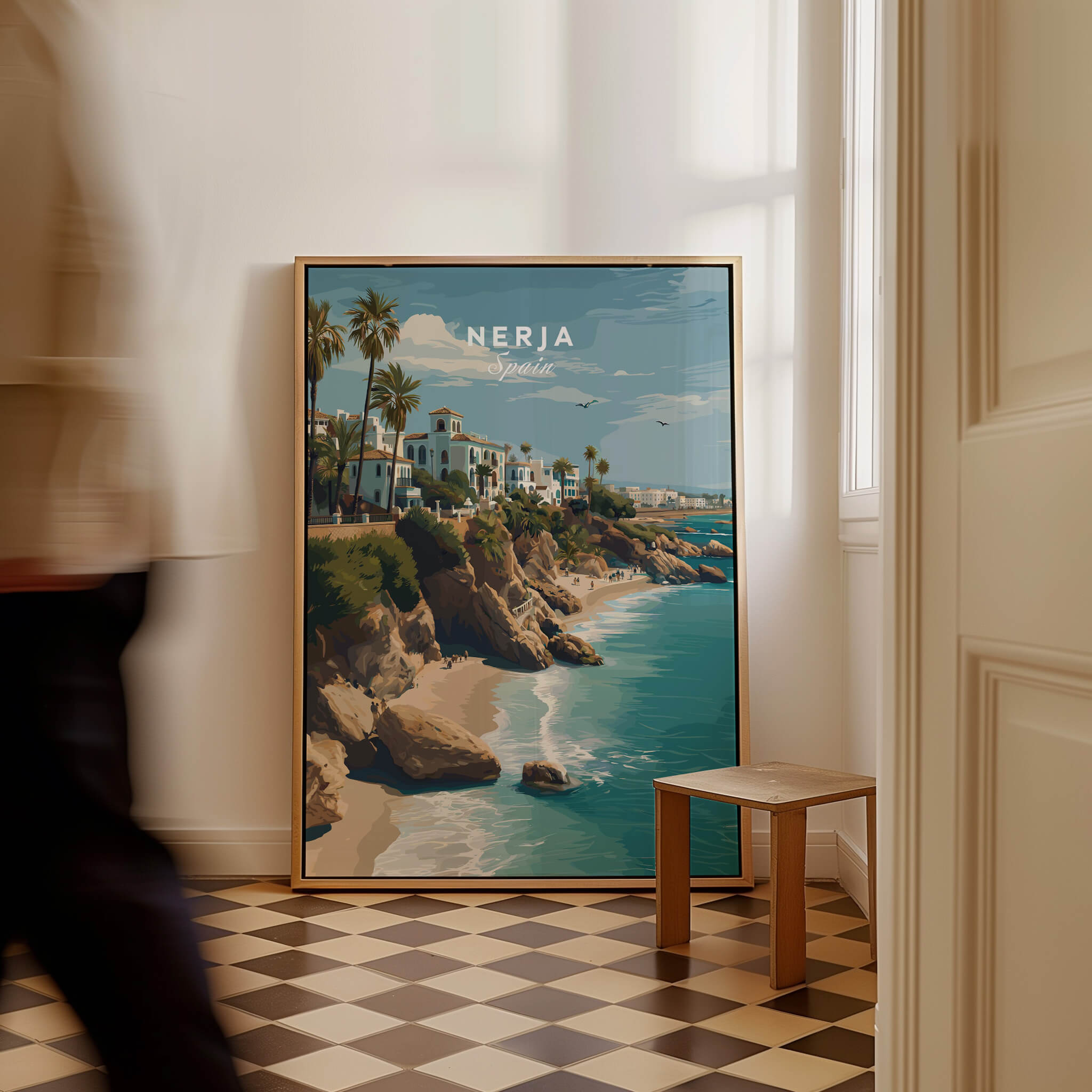 Nerja Spain Wall Art Print | Mediterranean Travel Poster displayed in a stylish interior, showcasing coastal beauty.