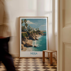 Nerja Spain Poster | Spanish Village Canvas Print displayed in a modern interior with coastal views.