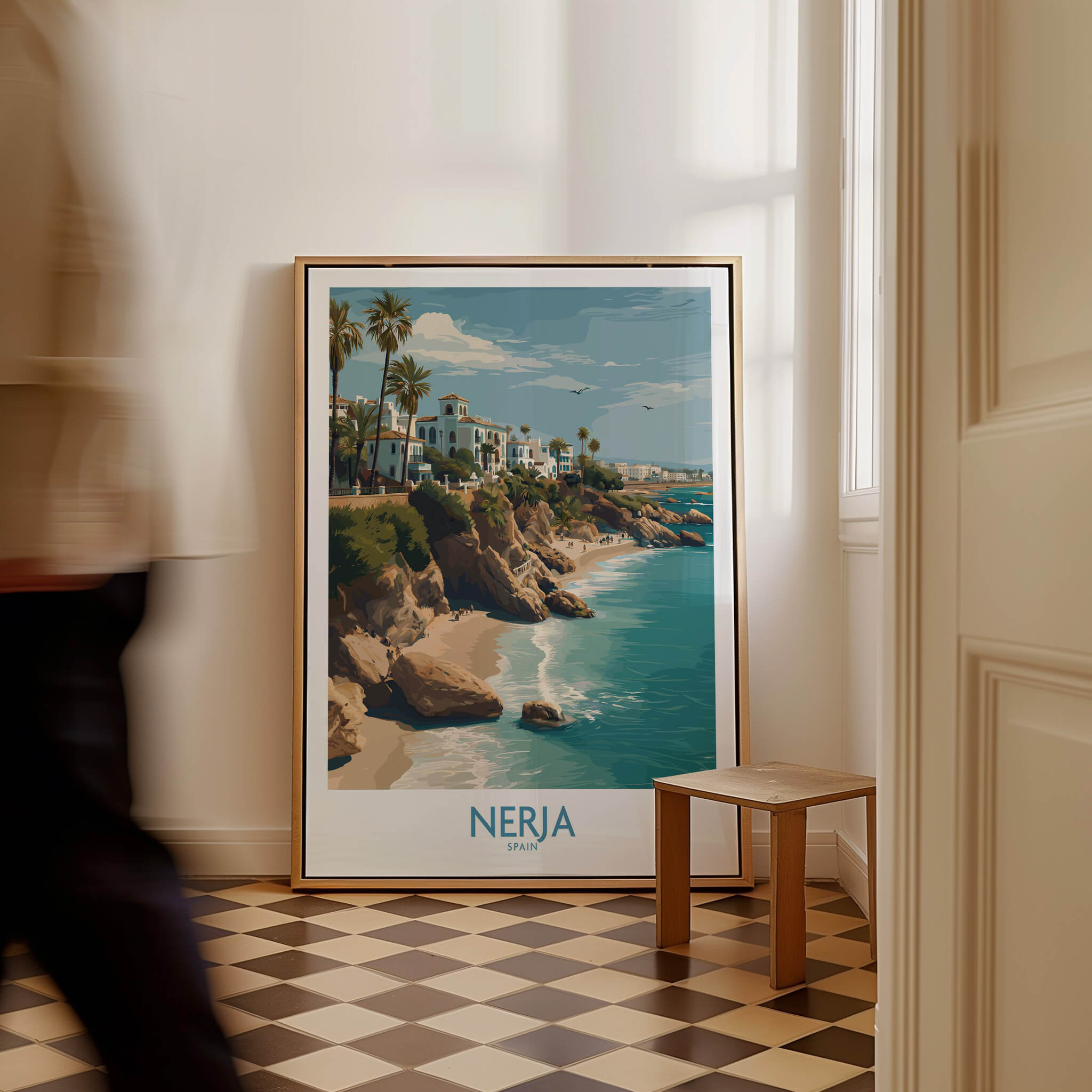 Nerja Spain Poster | Spanish Village Canvas Print displayed in a modern interior with coastal views.