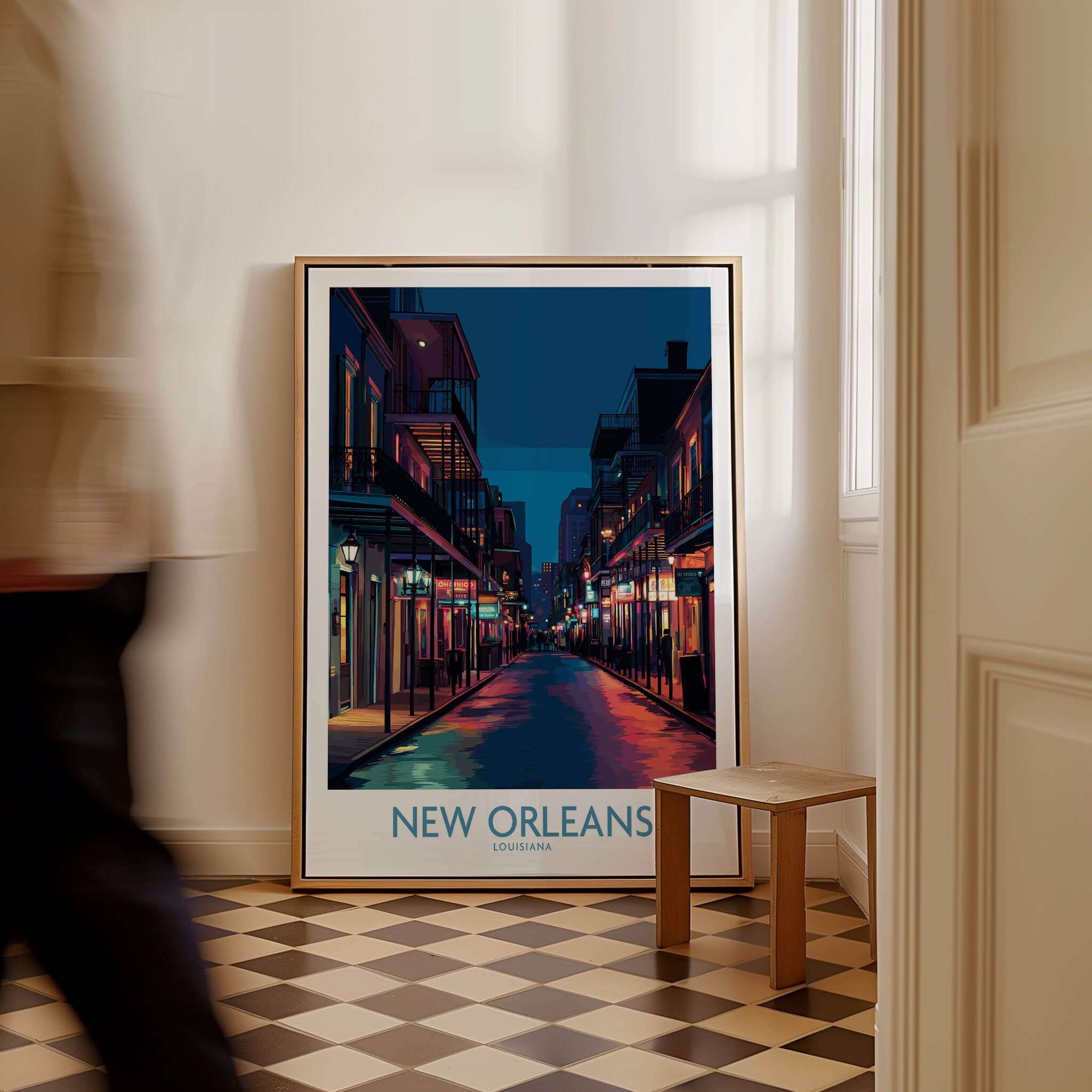 New Orleans Canvas Print | French Quarter Cityscape Poster displayed in a stylish interior with a checkered floor.