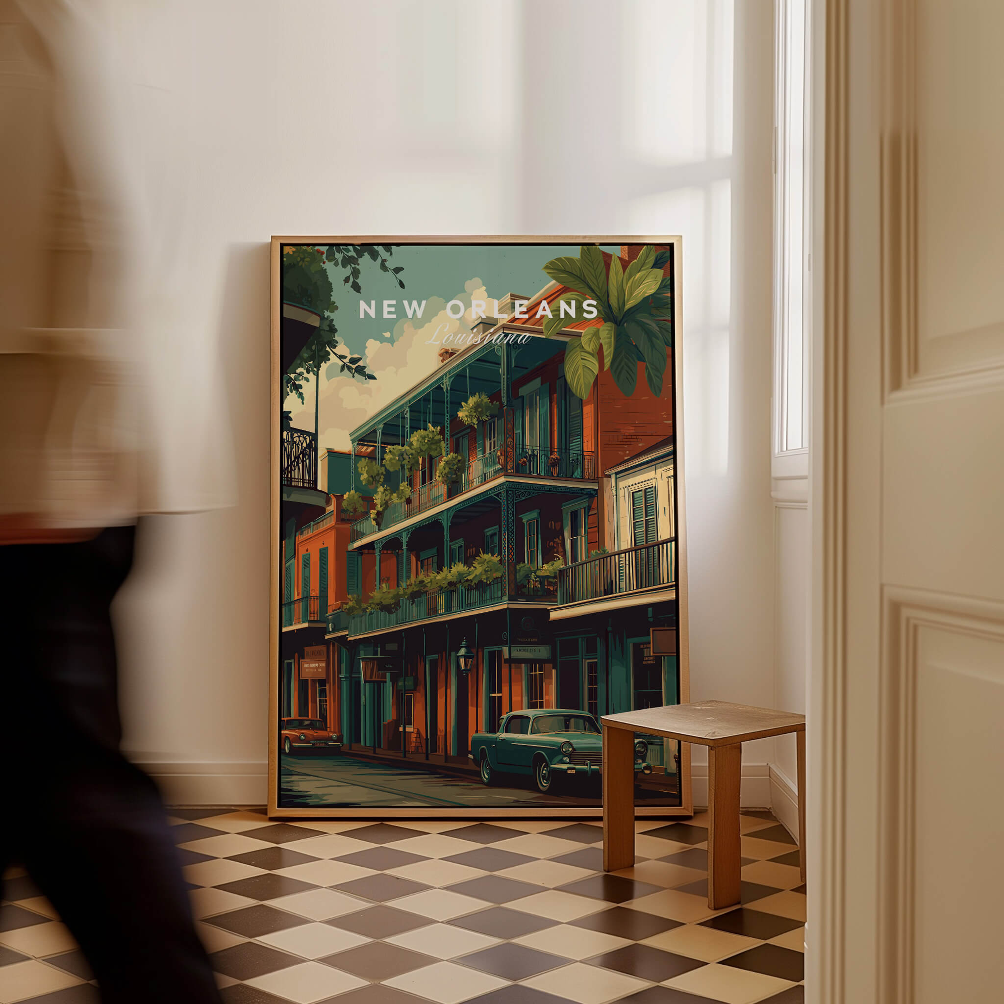 New Orleans Wall Art Print | French Quarter Balcony Travel Poster showcasing a vibrant New Orleans street scene.