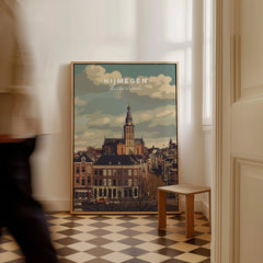 Framed Nijmegen Netherlands travel poster with city skyline on checkered floor, person walking by