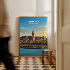 Framed Nijmegen Netherlands city skyline travel poster leaning on wall, modern home decor