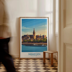 Framed Nijmegen Netherlands travel poster on checkered floor, man walking past in hallway