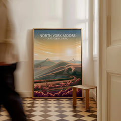 North York Moors National Park framed travel poster with scenic landscape on floor
