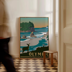 Olympic National Park framed wall art with coastal landscape, resting on checkered floor