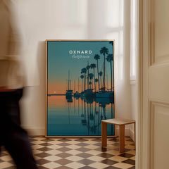 Oxnard California Wall Art Print | Sunset Harbor & Sailboats Travel Poster framed art displayed in a home setting