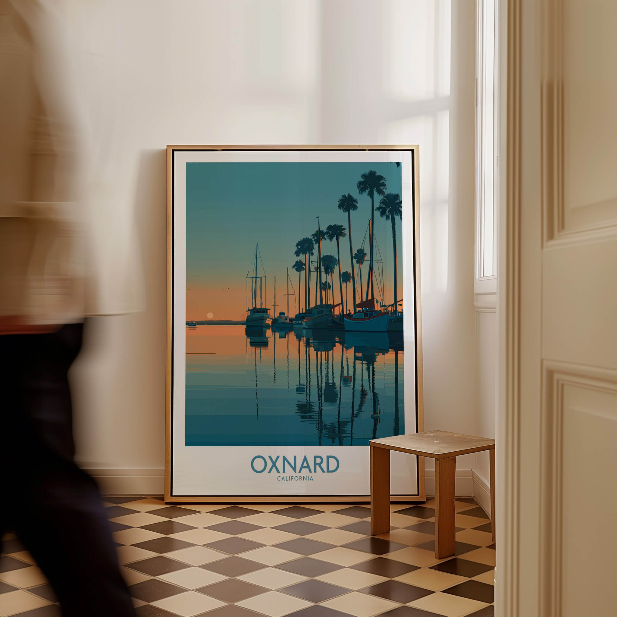 Oxnard California Poster | Scenic Pacific Marina Canvas Print displayed in a room, featuring boats and palm trees at sunset.
