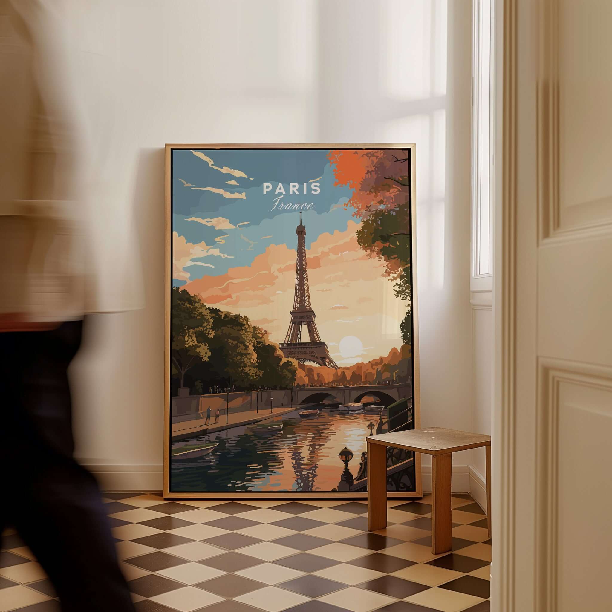 Paris Print featuring the Eiffel Tower at sunset, perfect for capturing memories of France.