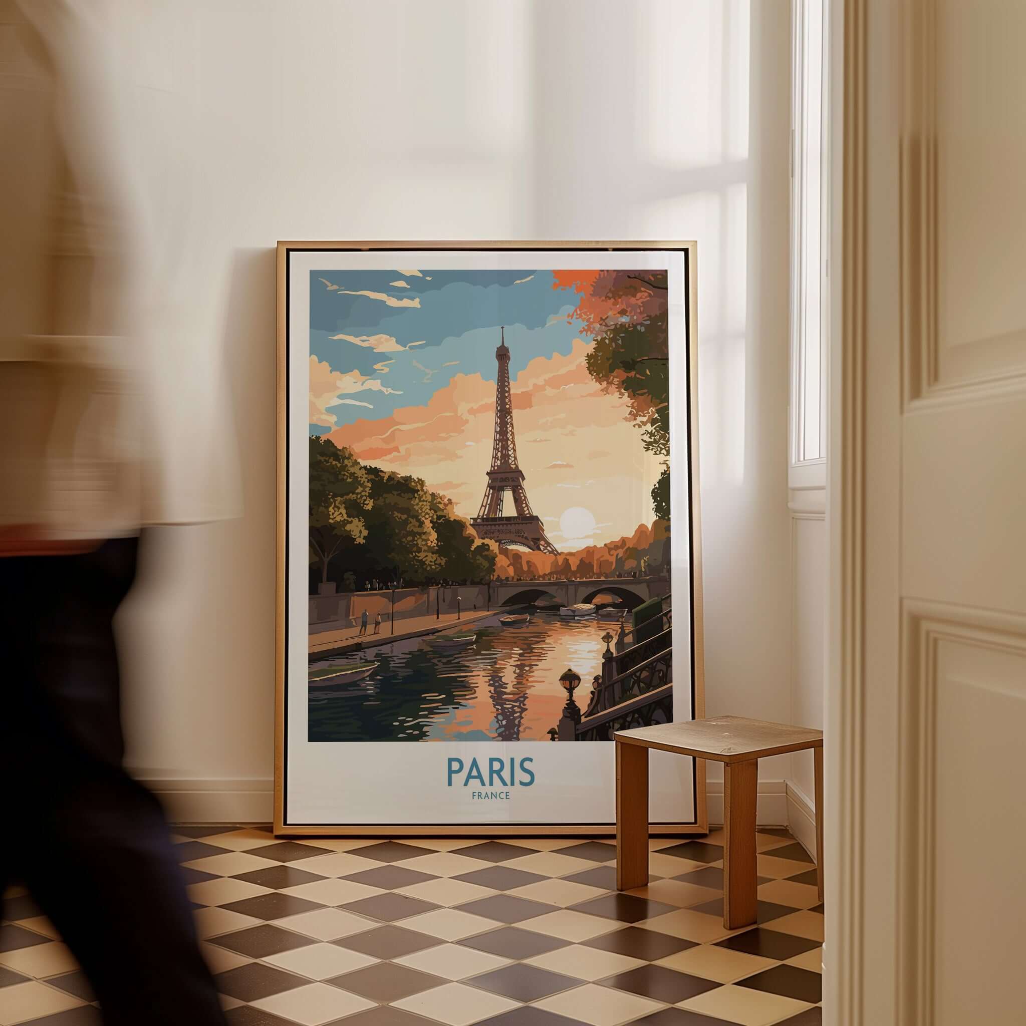 Paris Art Print featuring the Eiffel Tower at sunset in a stylish framed design.