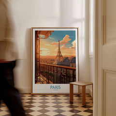 Paris Wall Art | Modern Style, illustrated Eiffel Tower poster with sunset view, enhancing living space decor.