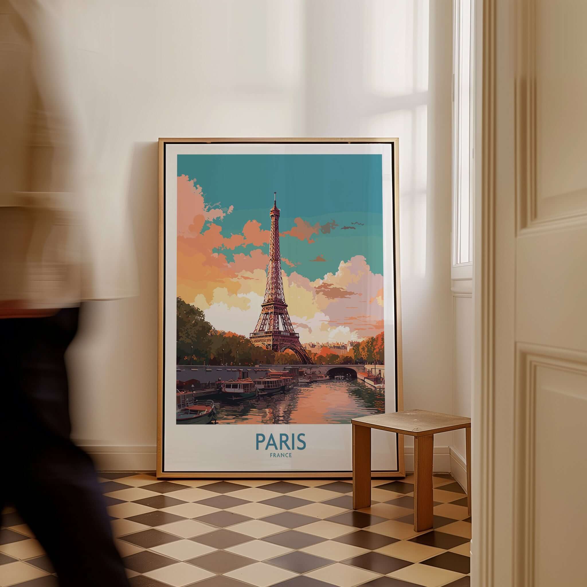 Paris Wall Art - Eiffel Tower vibrant print showcasing the Eiffel Tower in a cozy interior setting.