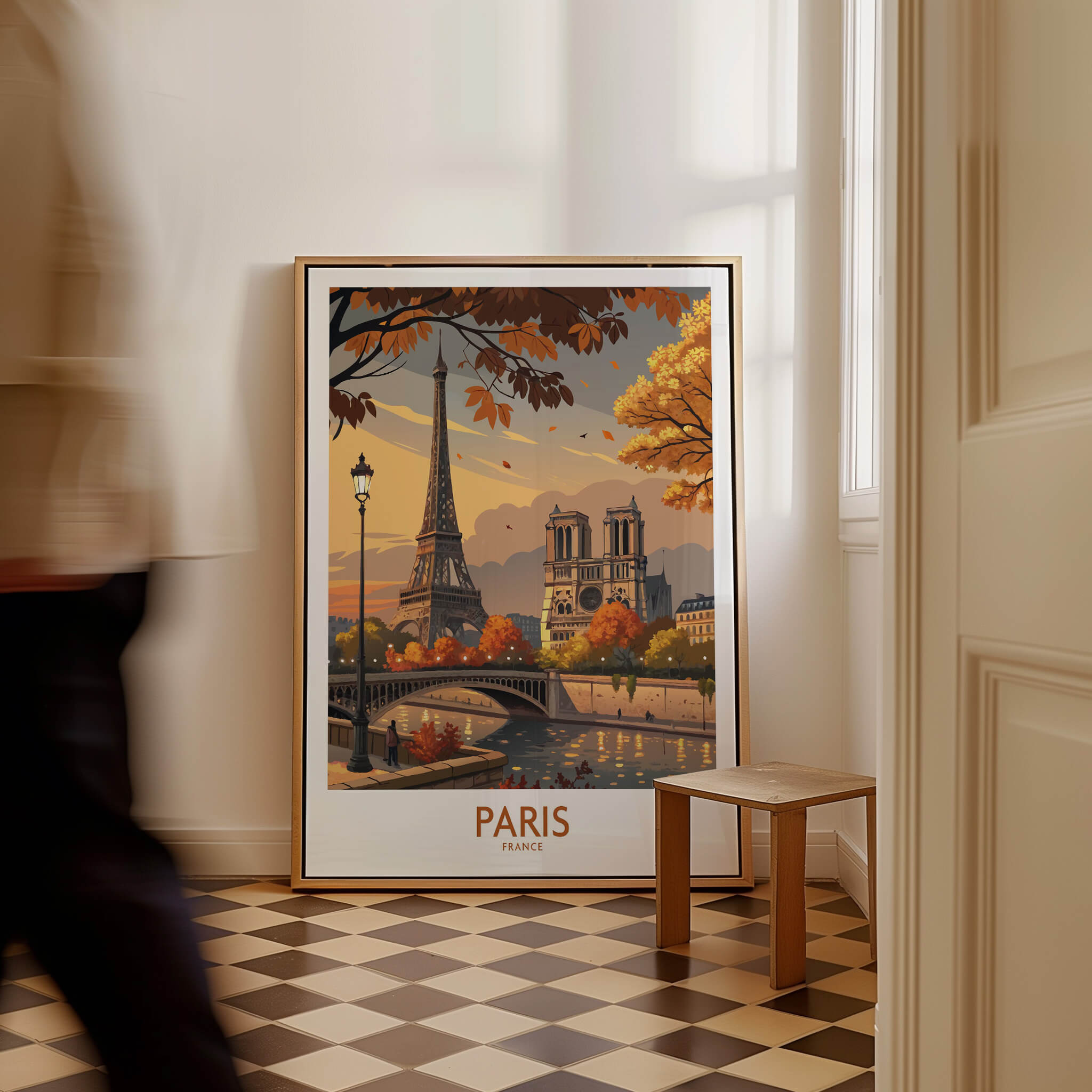 Paris France Autumn Seine River Art Print | Eiffel Tower and Notre Dame Poster in a stylish interior setting.