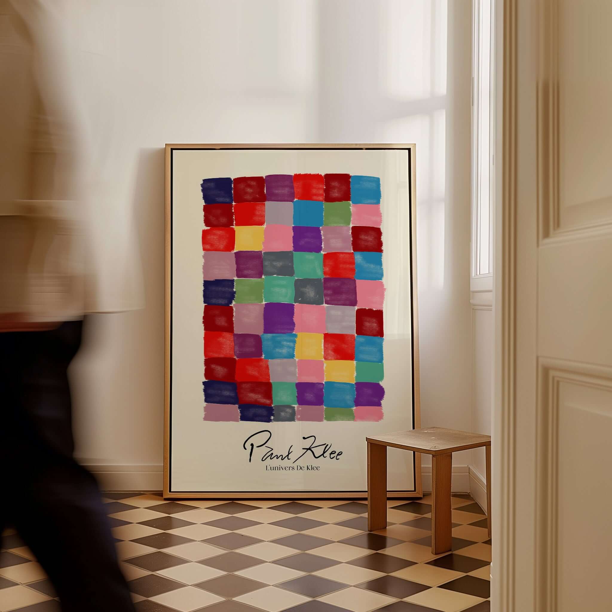 Paul Klee L univers De Klee Colorful Squares Abstract Grid Poster Art Print displayed in a modern interior setting.