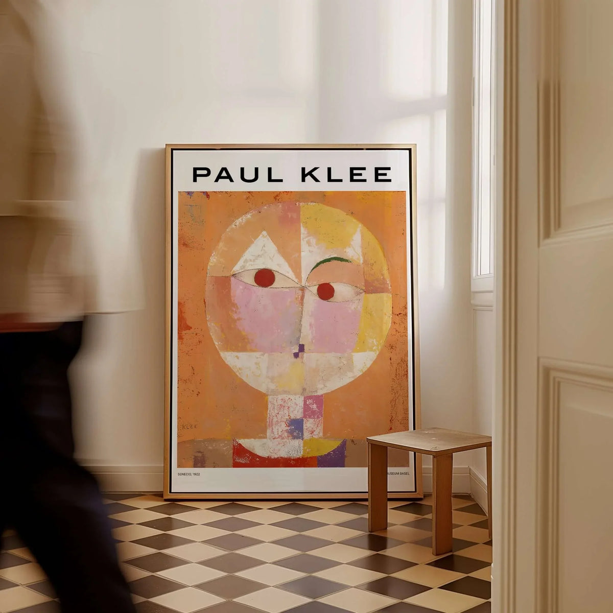 Paul Klee Senecio Head of Man Abstract Portrait Poster Art Print displayed in an artful interior setting with geometric shapes.