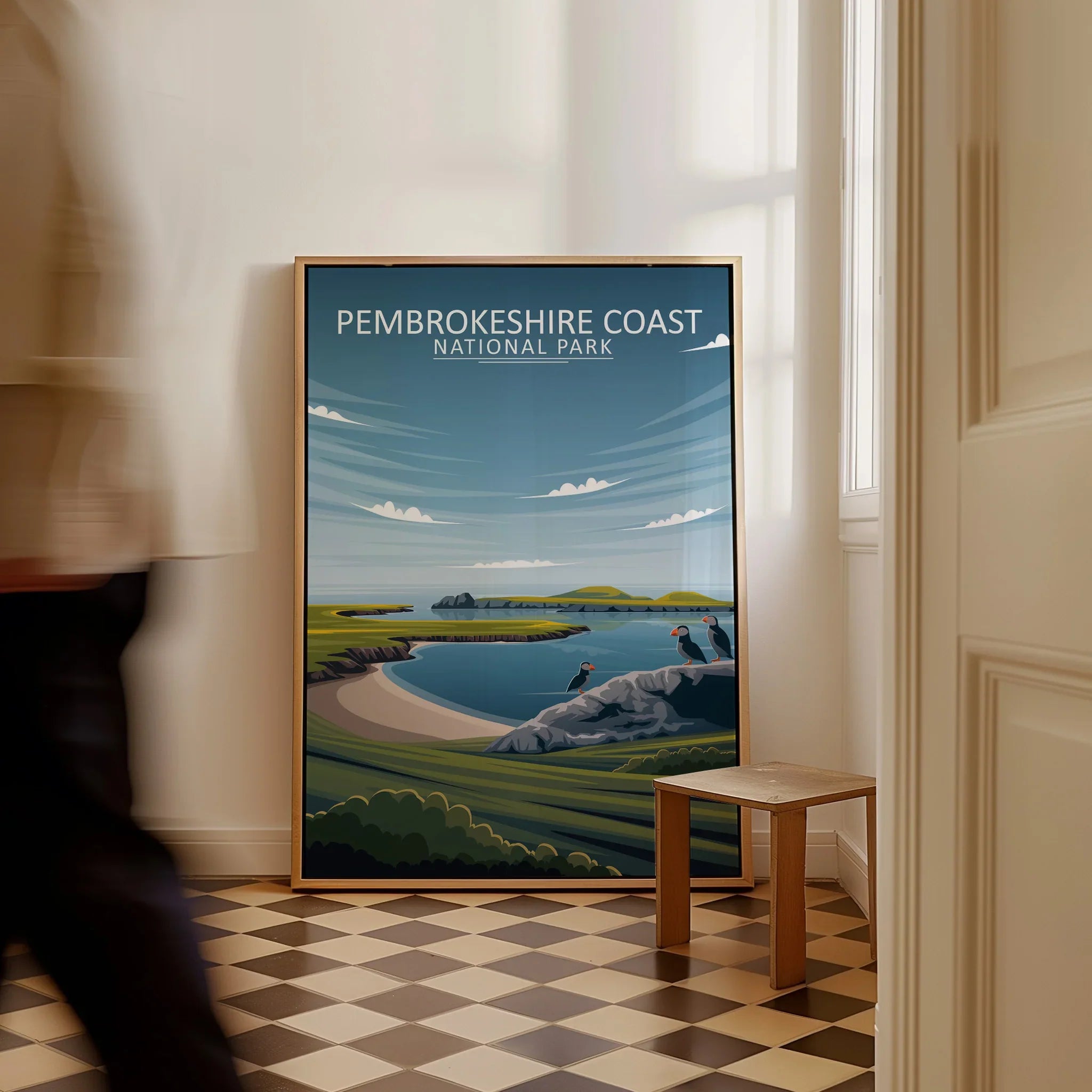 Pembrokeshire Coast National Park travel poster framed on floor in modern home interior