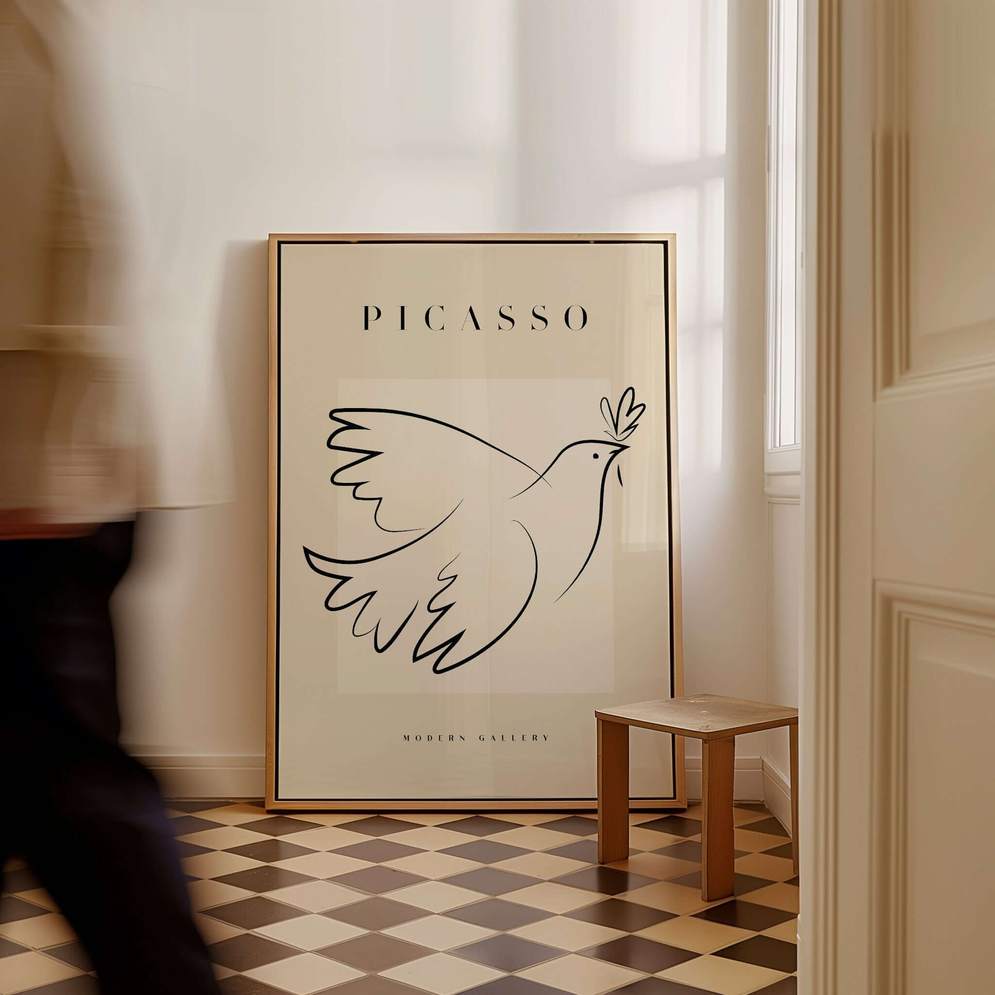 Picasso Dove of Peace Olive Branch Line Art Poster Modern Gallery Print displayed in a stylish interior setting.