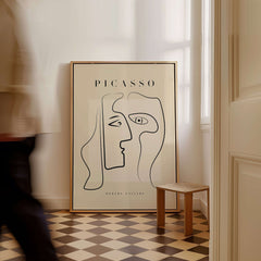 Picasso Two Faces Abstract Profiles Line Art Modern Gallery Poster Wall Art Print displayed in a contemporary interior.