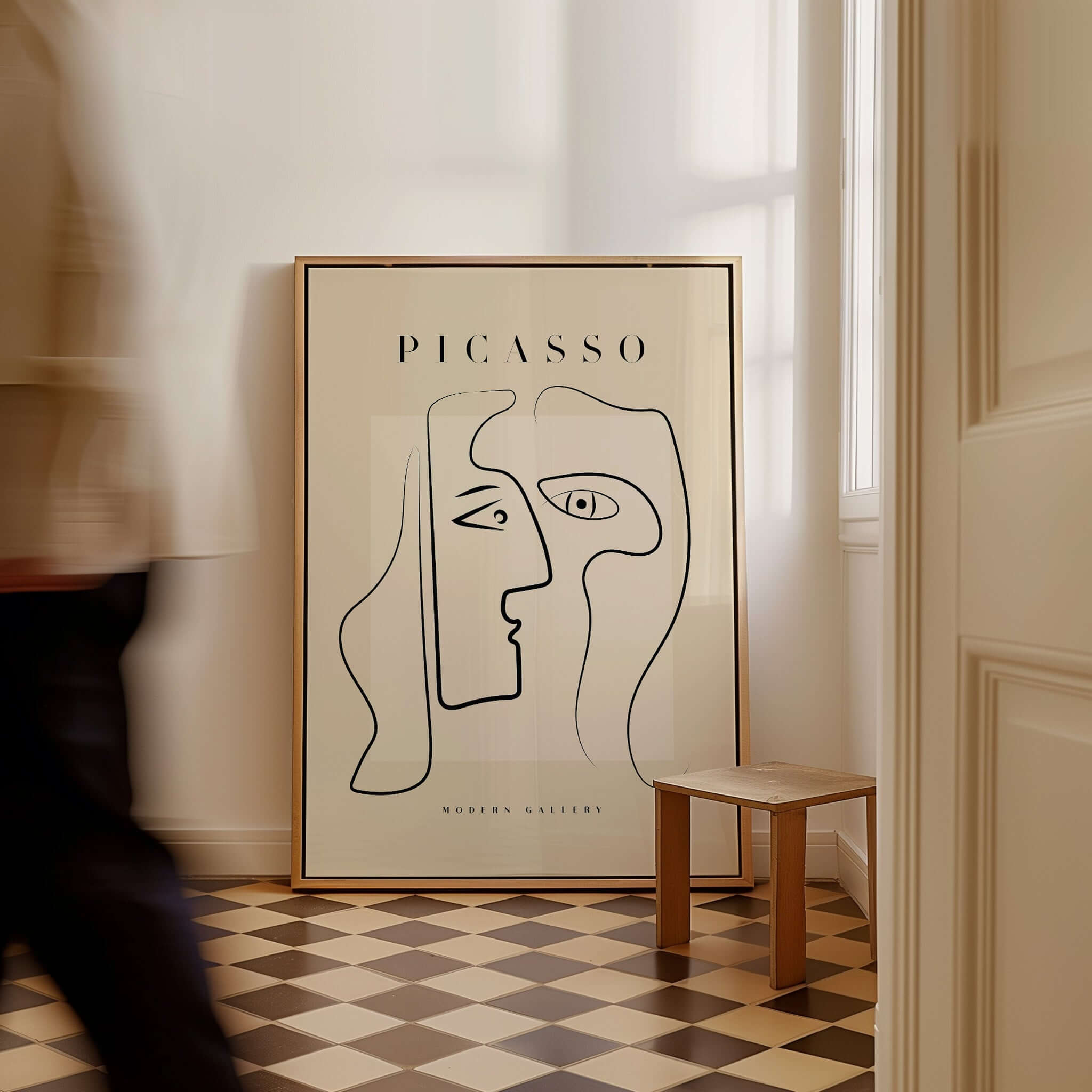 Picasso Two Faces Abstract Profiles Line Art Modern Gallery Poster Wall Art Print displayed in a contemporary interior.