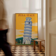 Pisa Tower Print Poster Italy Wall Art showcasing the iconic Pisa Tower with vibrant colors and a warm backdrop.