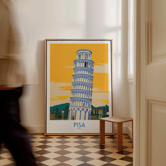 Pisa Tower Italy Print in stylish frame showcasing iconic leaning tower against yellow background.